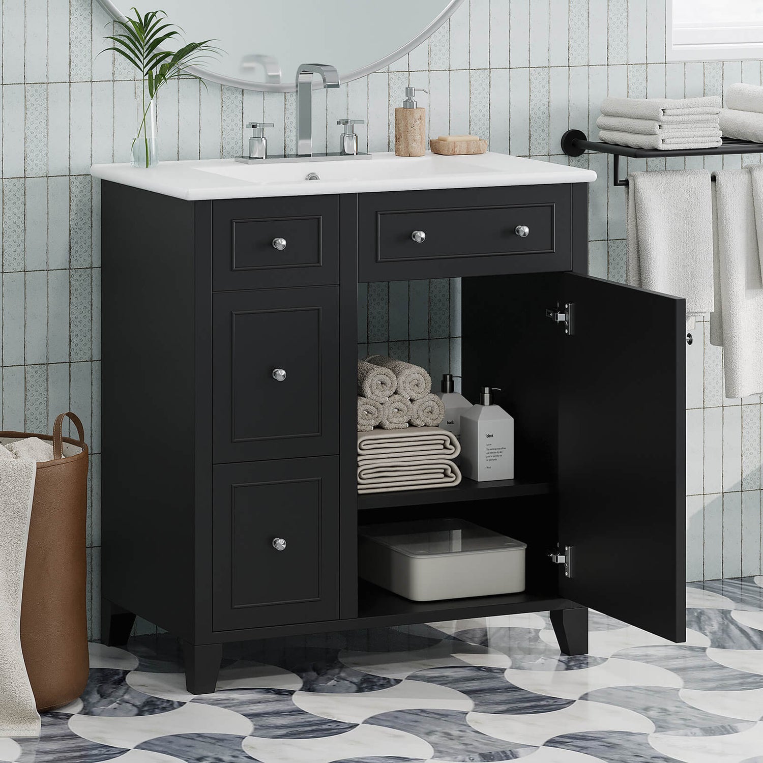 Spacious left side drawers of 30 inch black vanity open for storage_ee97ba88 bc9c 4bb7 9276 f734539aba46