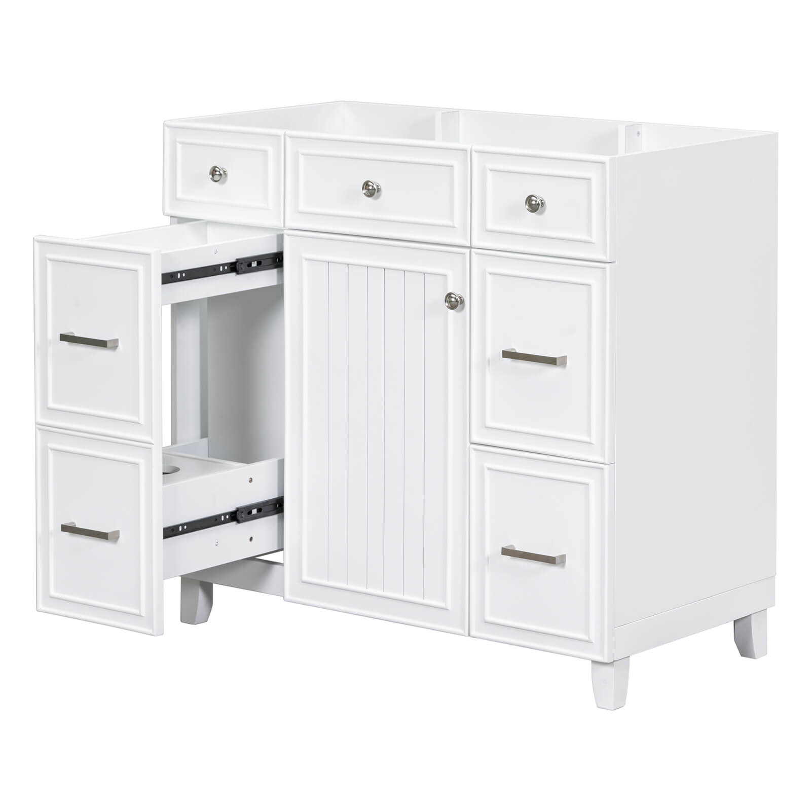 Standalone 36 inch white bathroom cabinet with options to add a premium countertop for a complete look