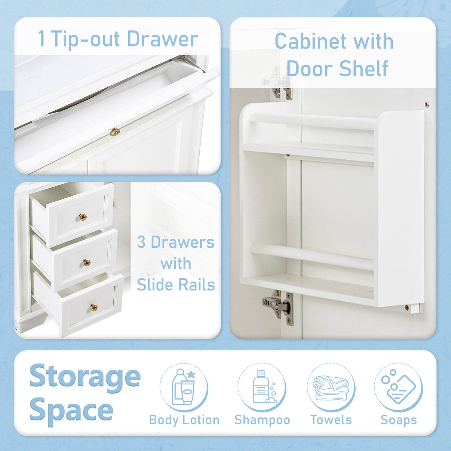 Storage Description of 30 Inch White Freestanding Bathroom Vanity with Reversible Tray