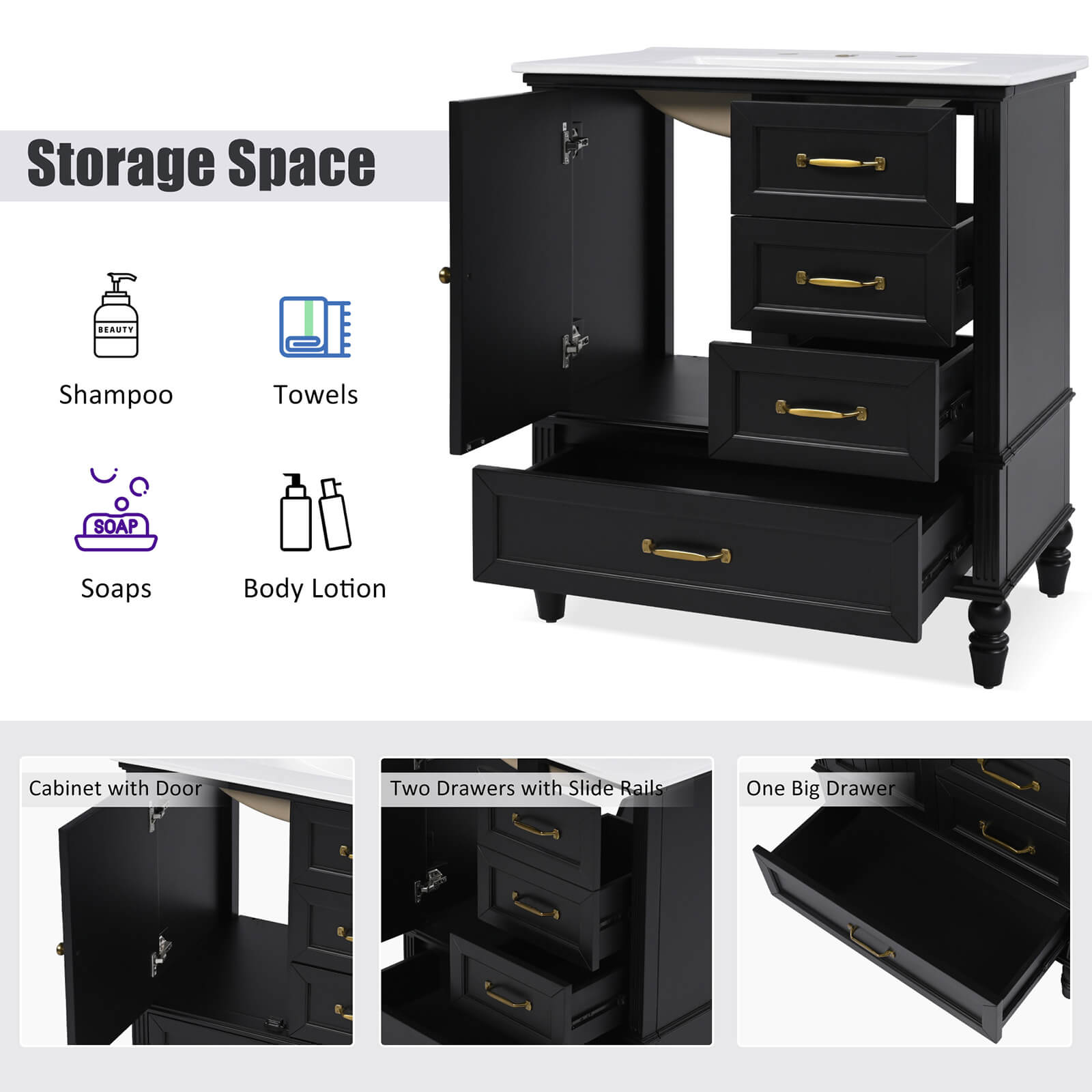 Storage Description of 30 in Black Acacia Dresser with Bottom Drawer