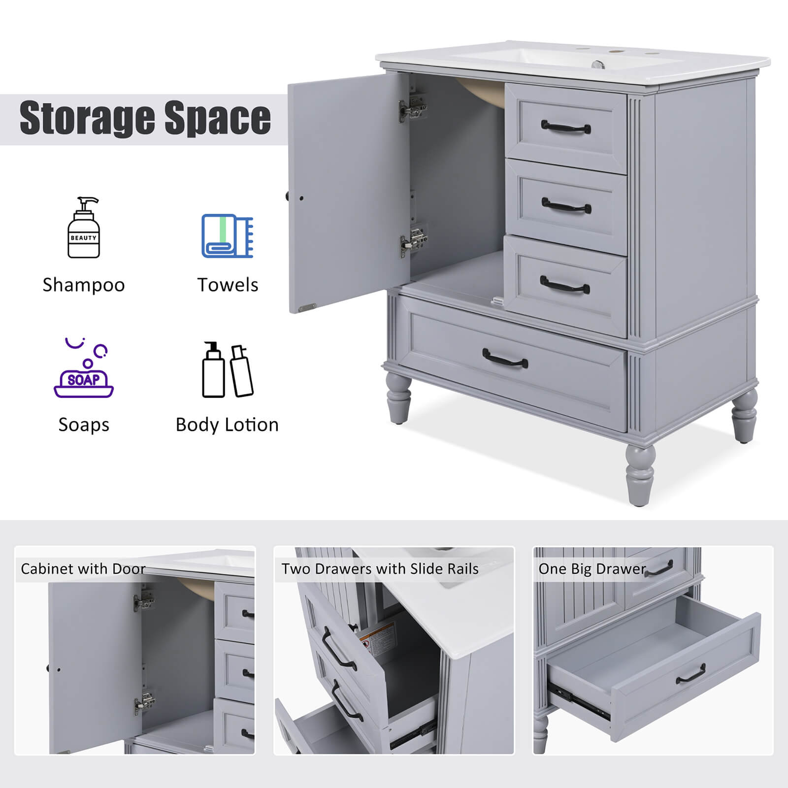 Storage Description of 30 in Light Grey Blue Acacia Wood Dresser with Bottom Drawer