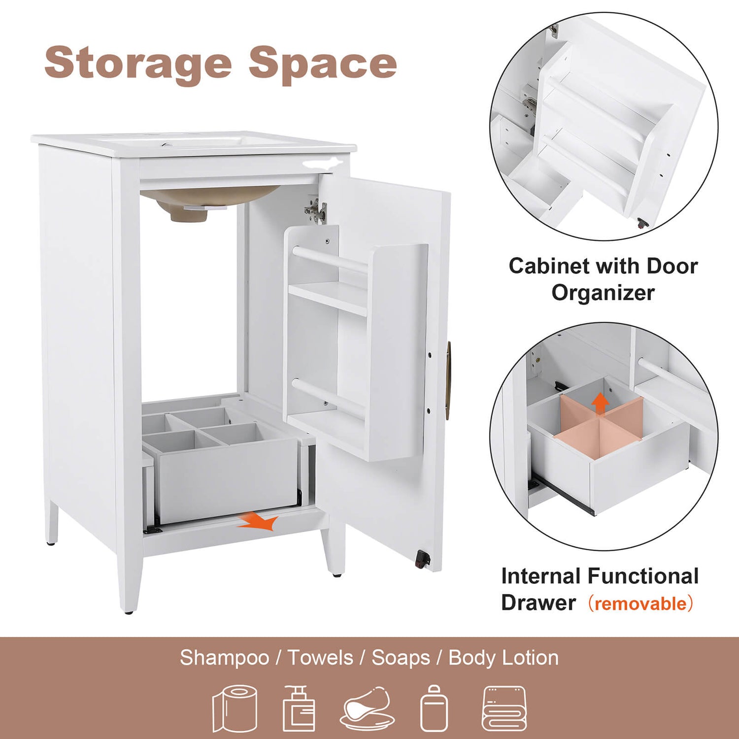 Storage Instructions for 20 Inch White Minimalist Bathroom Vanity with Storage Space