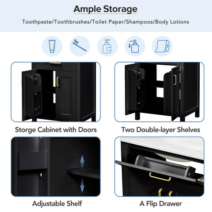 Storage description for a 24 inch black dresser with built in shelves inside the door