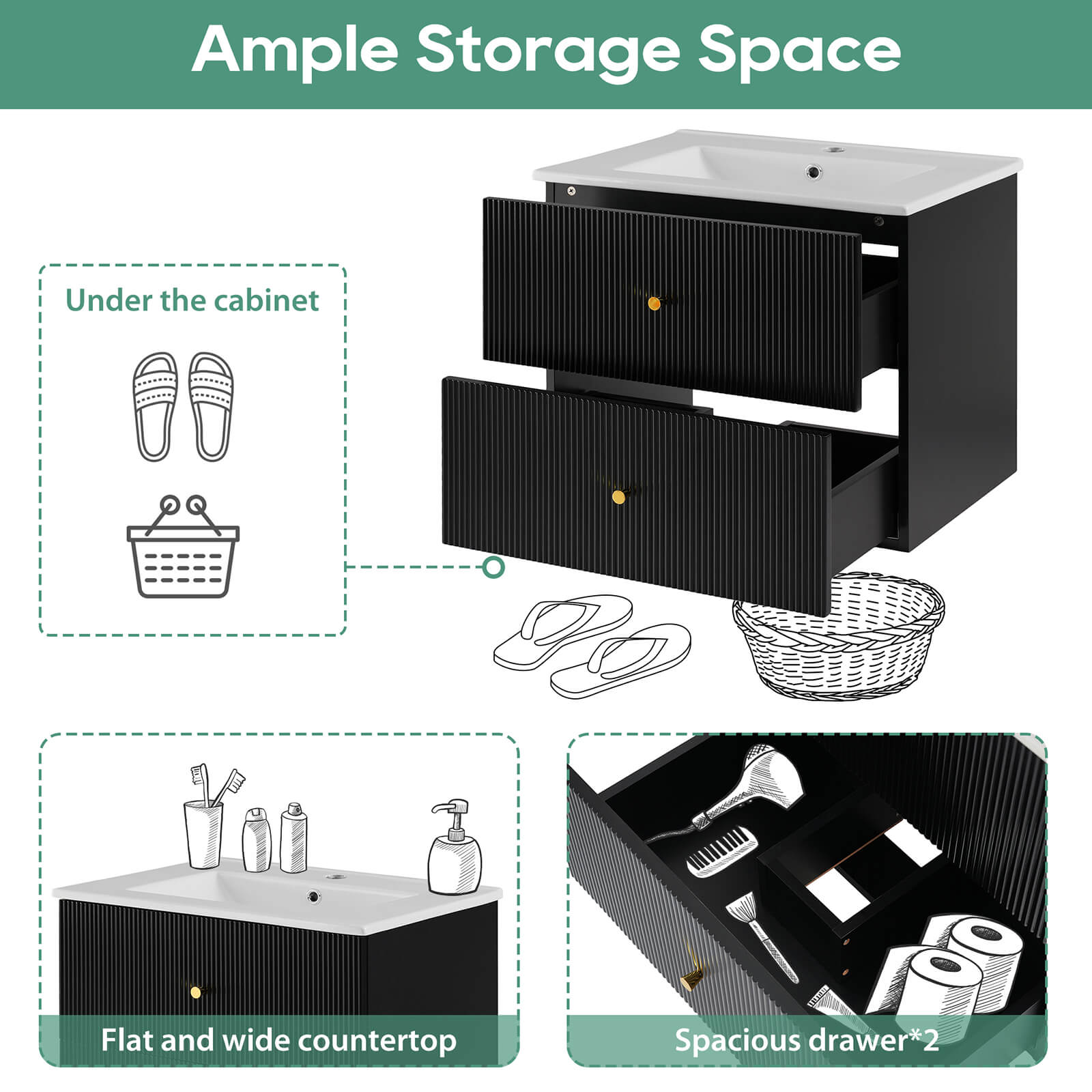 Storage diagram for a 24 black wall mounted vanity with a single hole ceramic sink