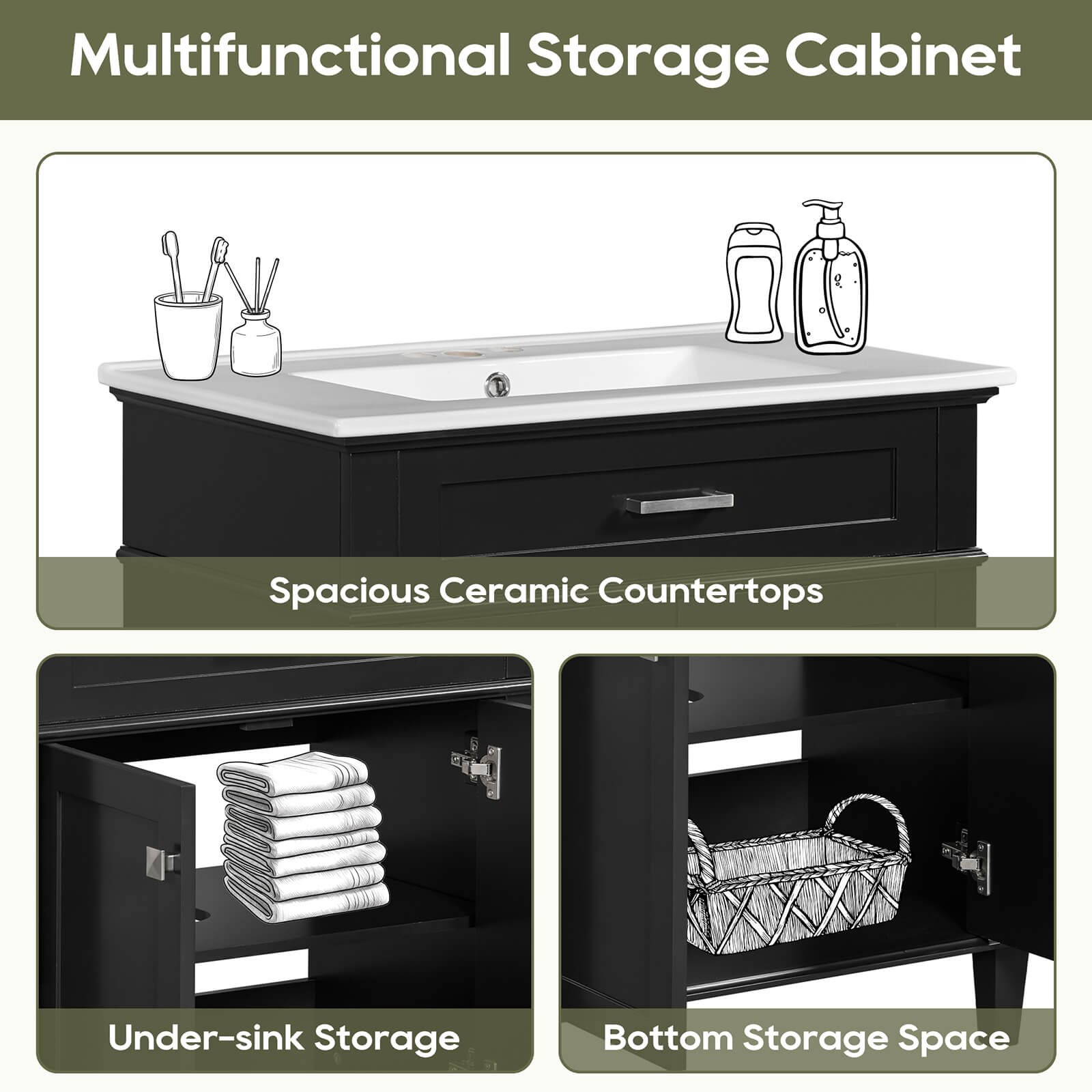 Storage diagram for a 30 inch black bathroom vanity with an undermount ceramic sink