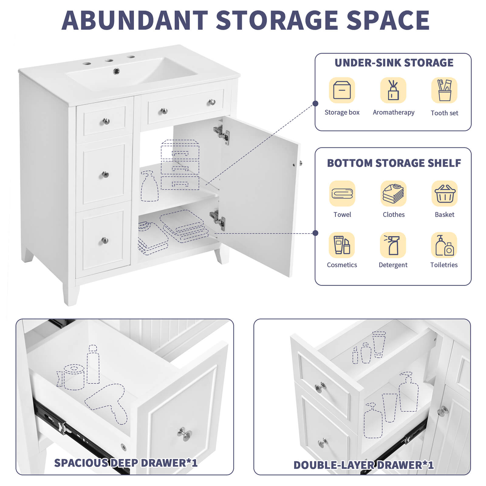 Storage diagram for a 30 inch white bathroom vanity with 2 left side drawers