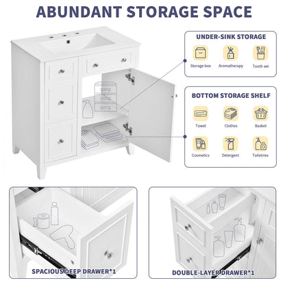 Storage diagram for a 30 inch white bathroom vanity with 2 left side drawers