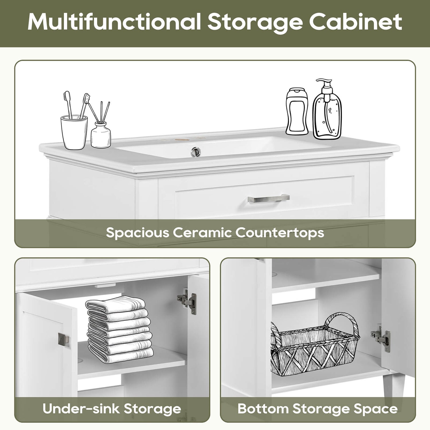 Storage diagram for a 30 inch white bathroom vanity with an undermount ceramic sink