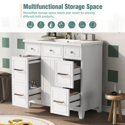 Storage diagram of 36 inch white bathroom vanity with integrated resin sink