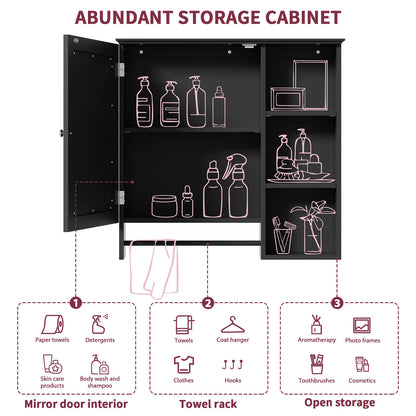 Storage diagram of a 29 x 28 inch black medicine cabinet with open shelves and mirrored doors