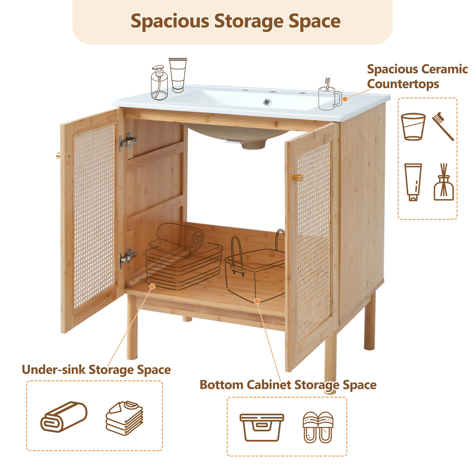 Storage space description of 30 inch rattan bathroom vanity with top basin