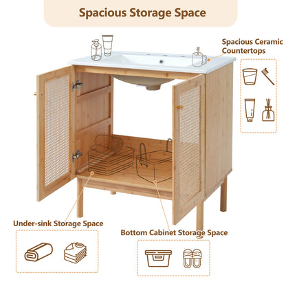 Storage space description of 30 inch rattan bathroom vanity with top basin