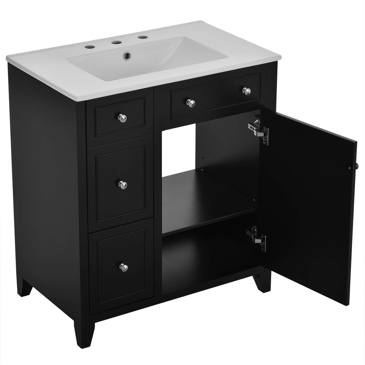 Storage space in black bathroom vanity for towels and bathroom essentials