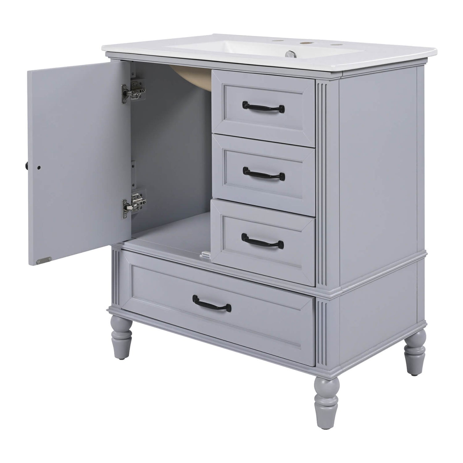 Stylish 30 in Light Grayish Blue Acacia Wood Vanity featuring three storage drawers