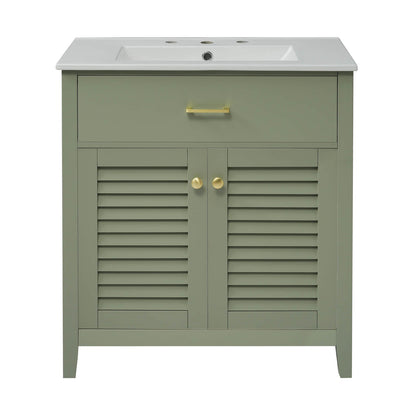 Stylish 30 inch green vanity with louvered doors and ceramic basin