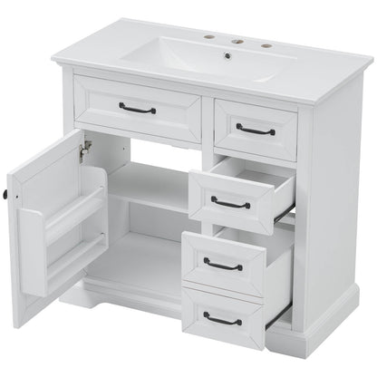 Stylish 36 Inch White Bathroom Vanity with Rubberwood Construction