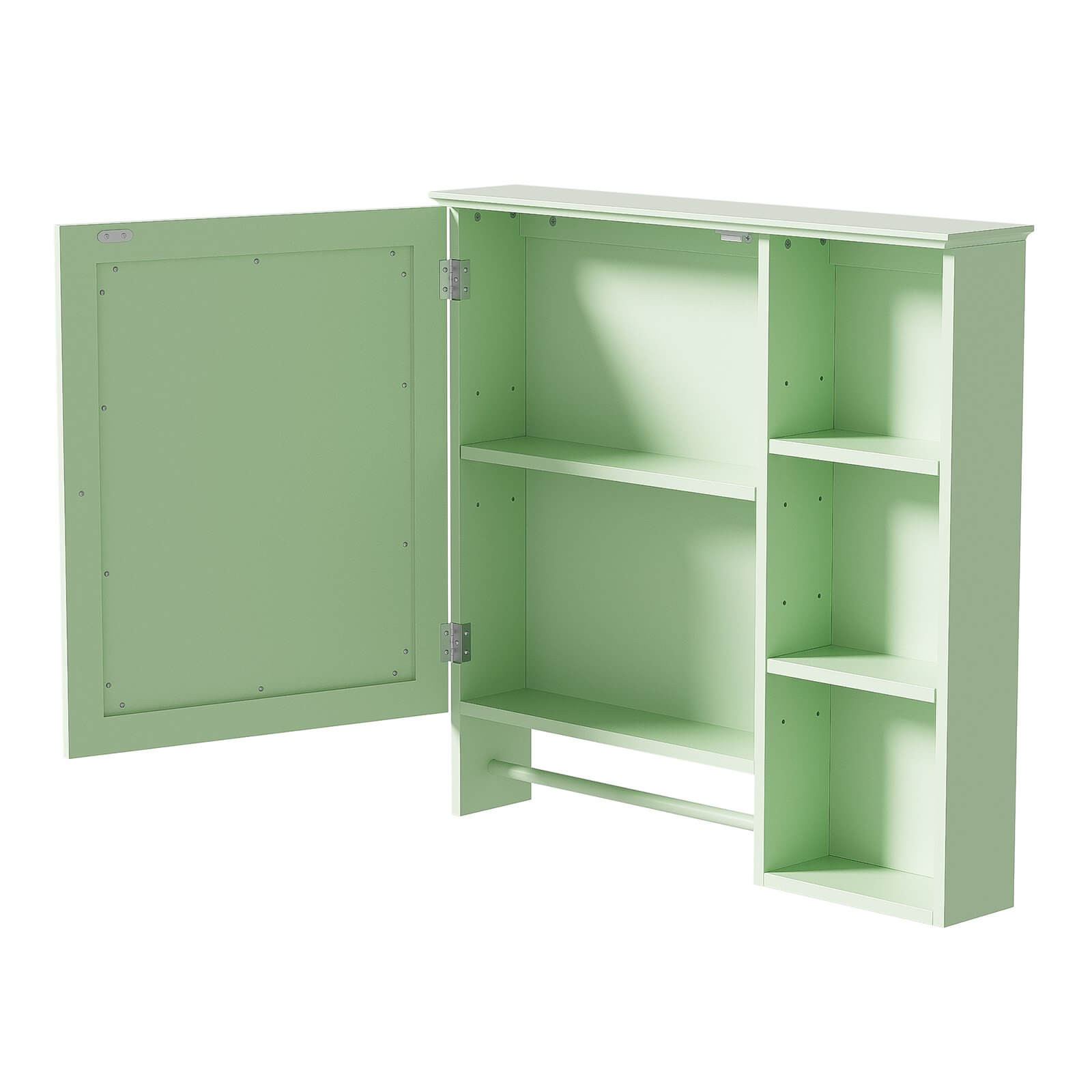 Stylish Green Bathroom Cabinet with Mirror Doors and Open Shelves