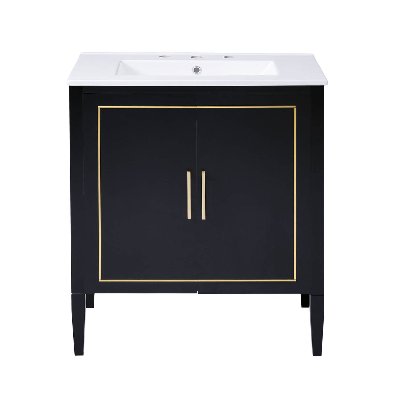 Stylish and functional 30 inch bathroom vanity with black polished surface and gold trim