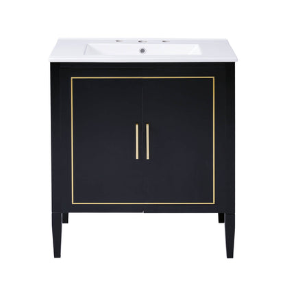 Stylish and functional 30 inch bathroom vanity with black polished surface and gold trim