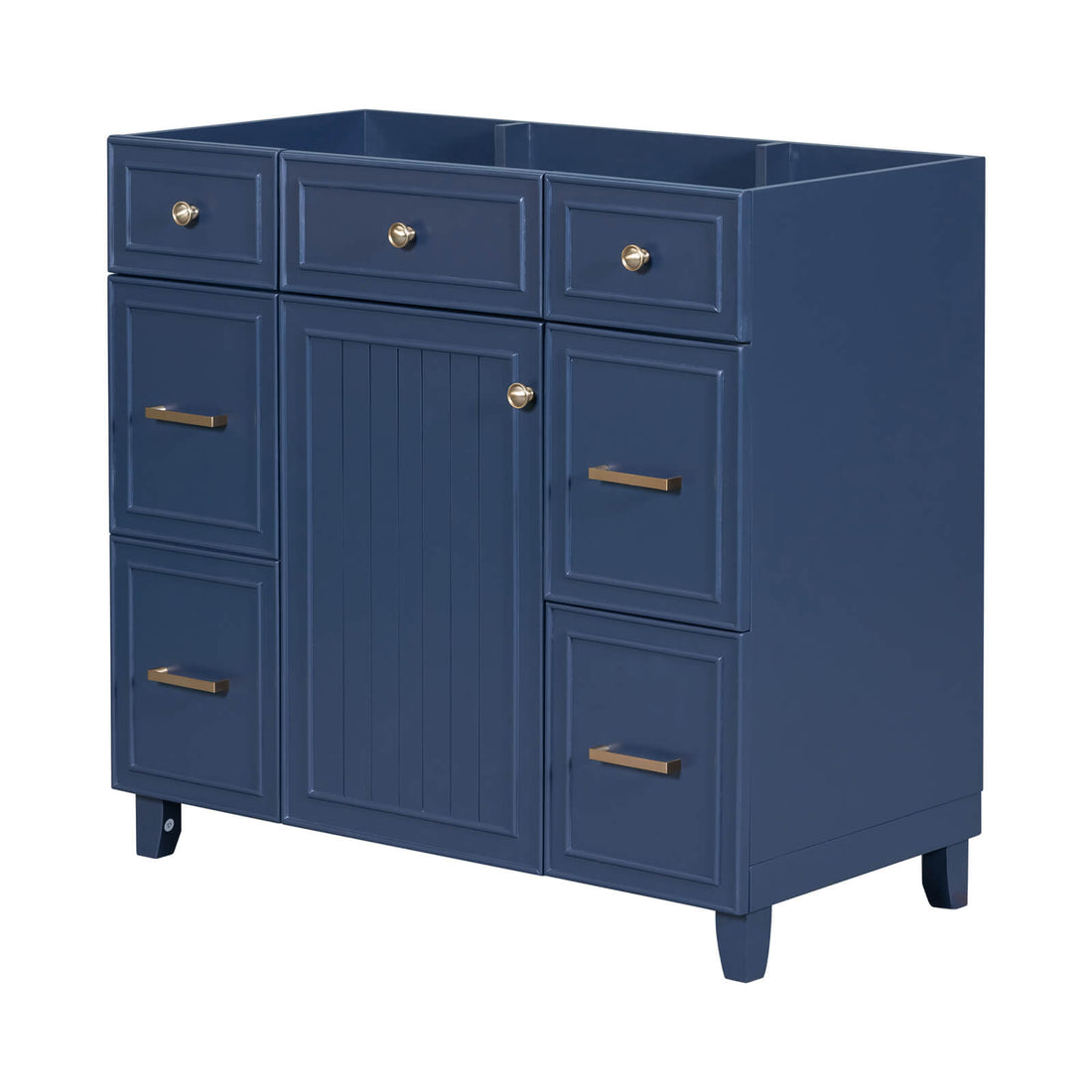 Stylish blue vanity cabinet with ample storage and customizable options