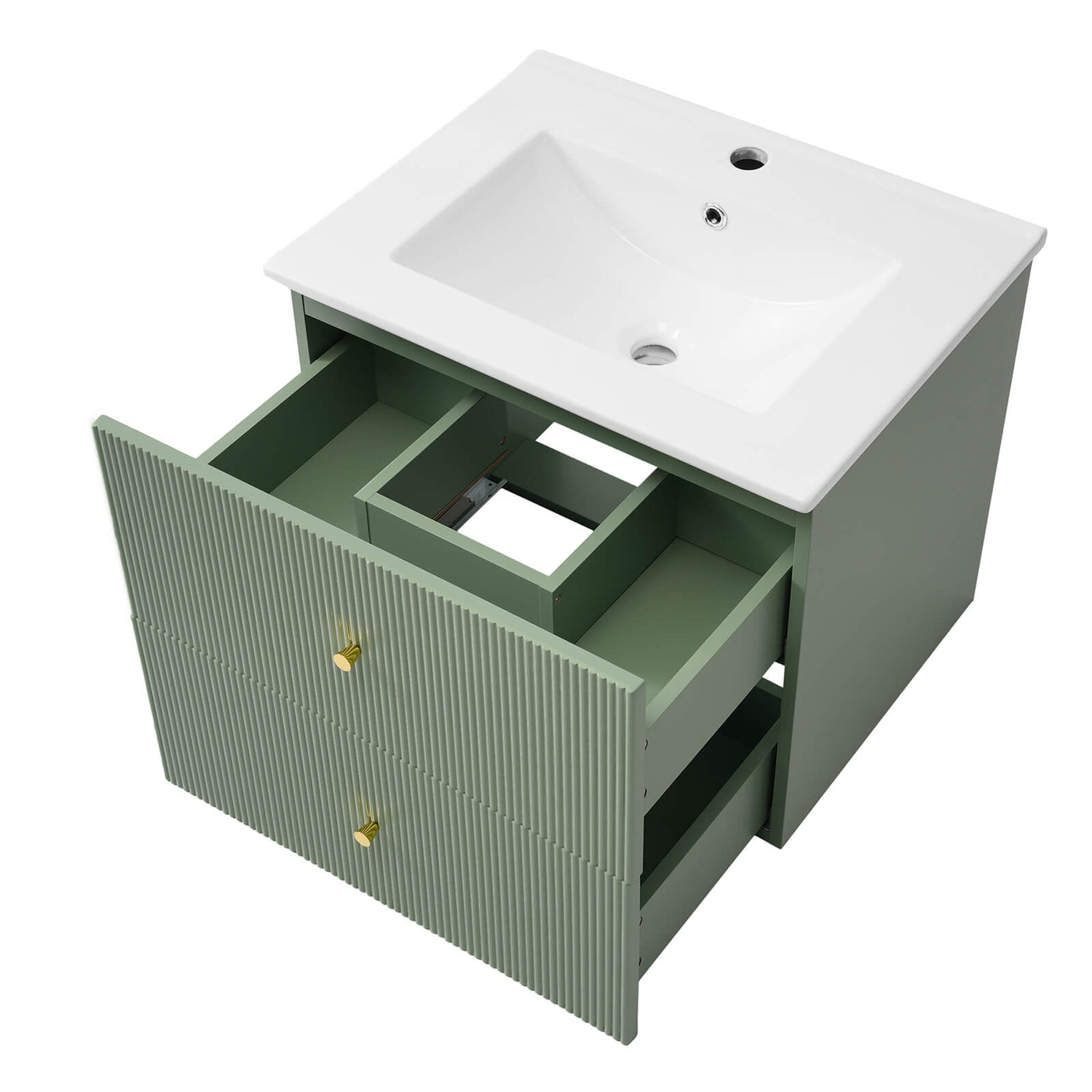 Stylish green wall mounted vanity with two spacious storage drawers