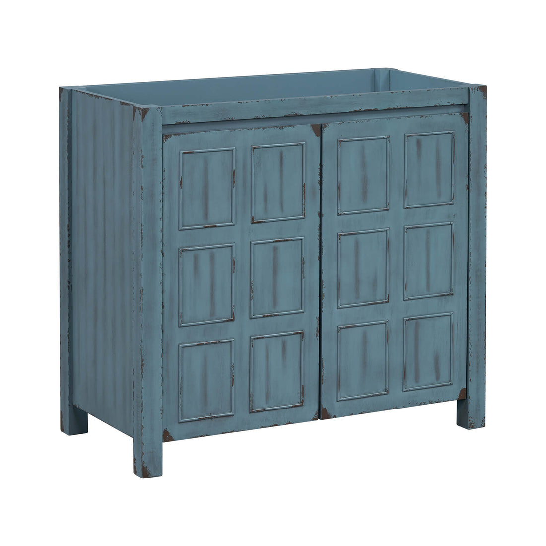 Stylish retro blue vanity cabinet with grid patterned doors_ no top