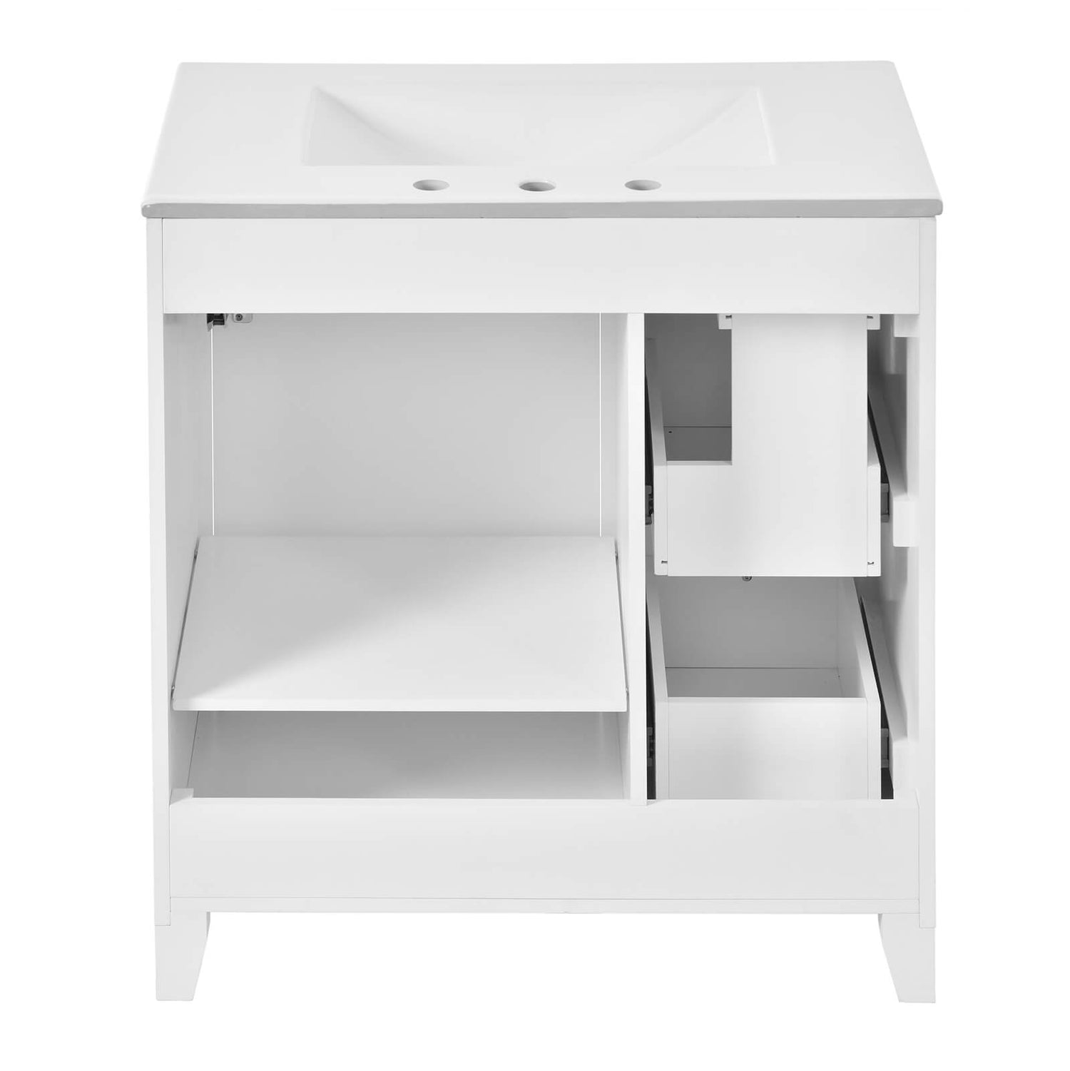 Stylish white bathroom vanity with solid wood frame and MDF materials