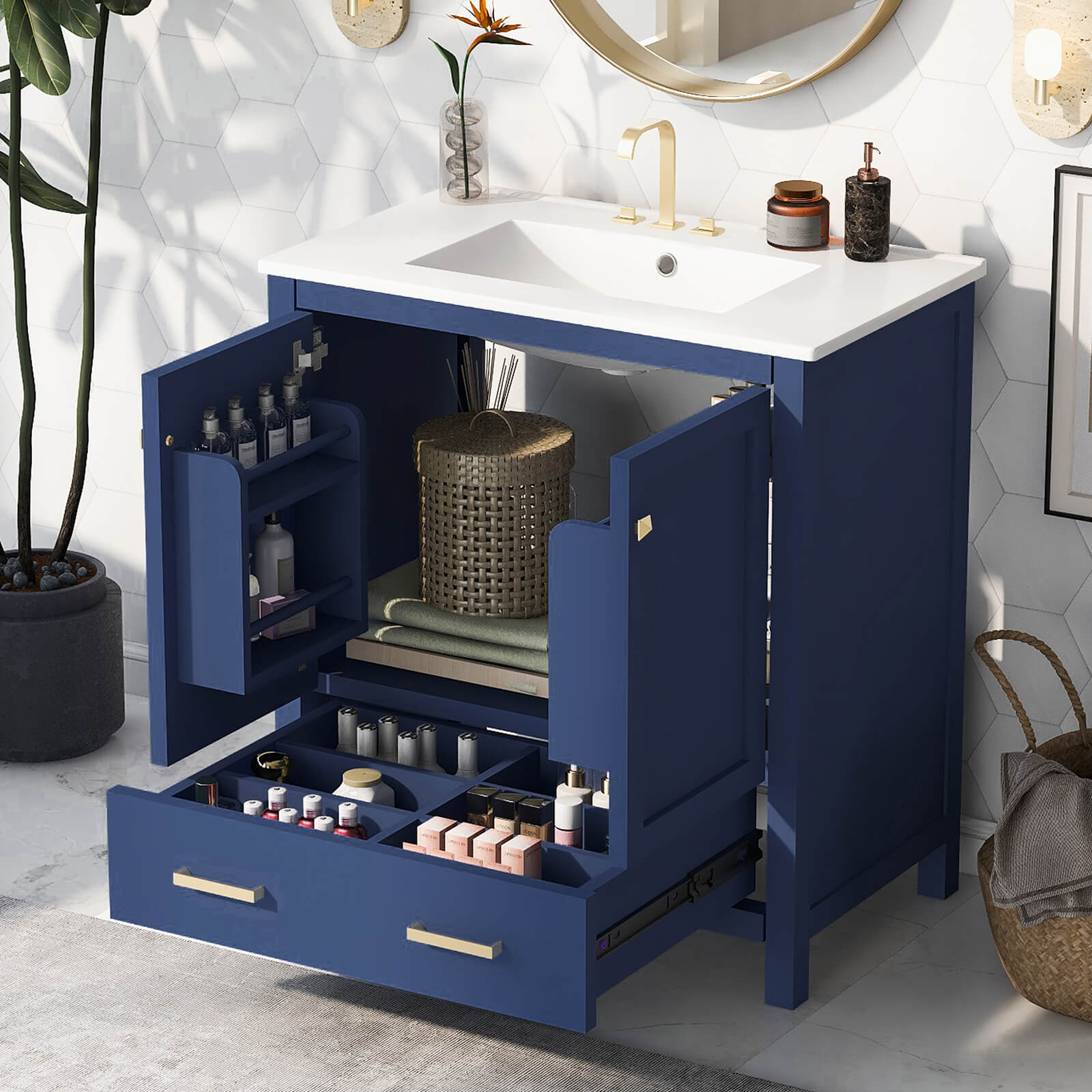 Stylish blue bathroom vanity with ceramic sink