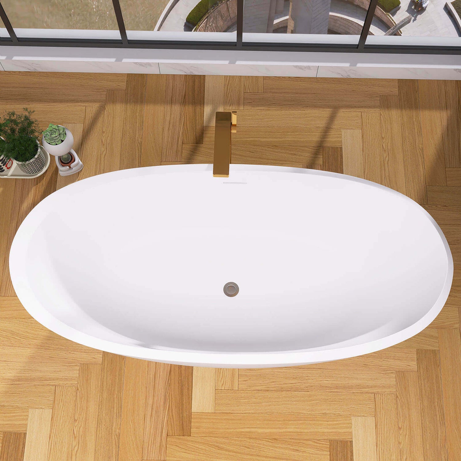 Top view of 67 acrylic double ended bathtub with center overflow