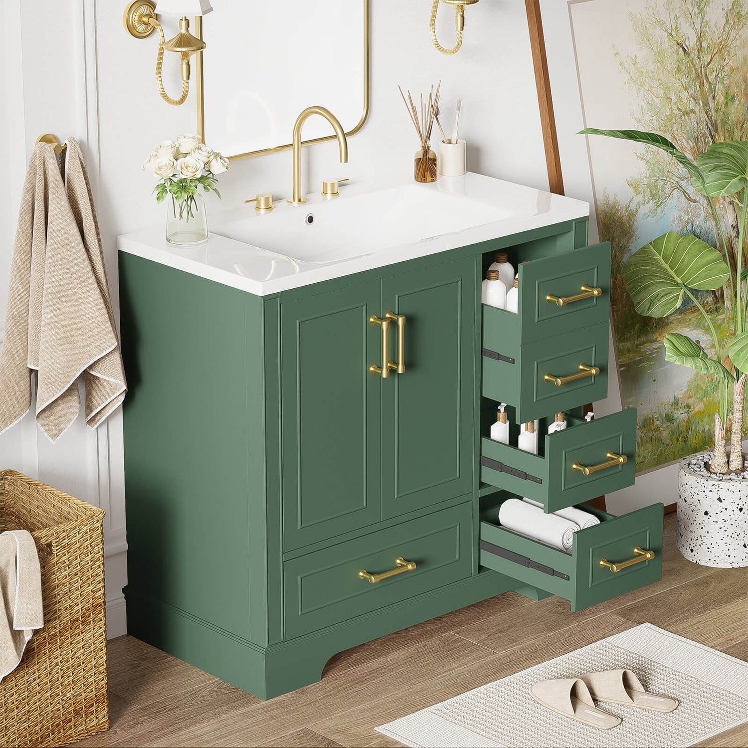 Traditional green bathroom vanity with resin sink