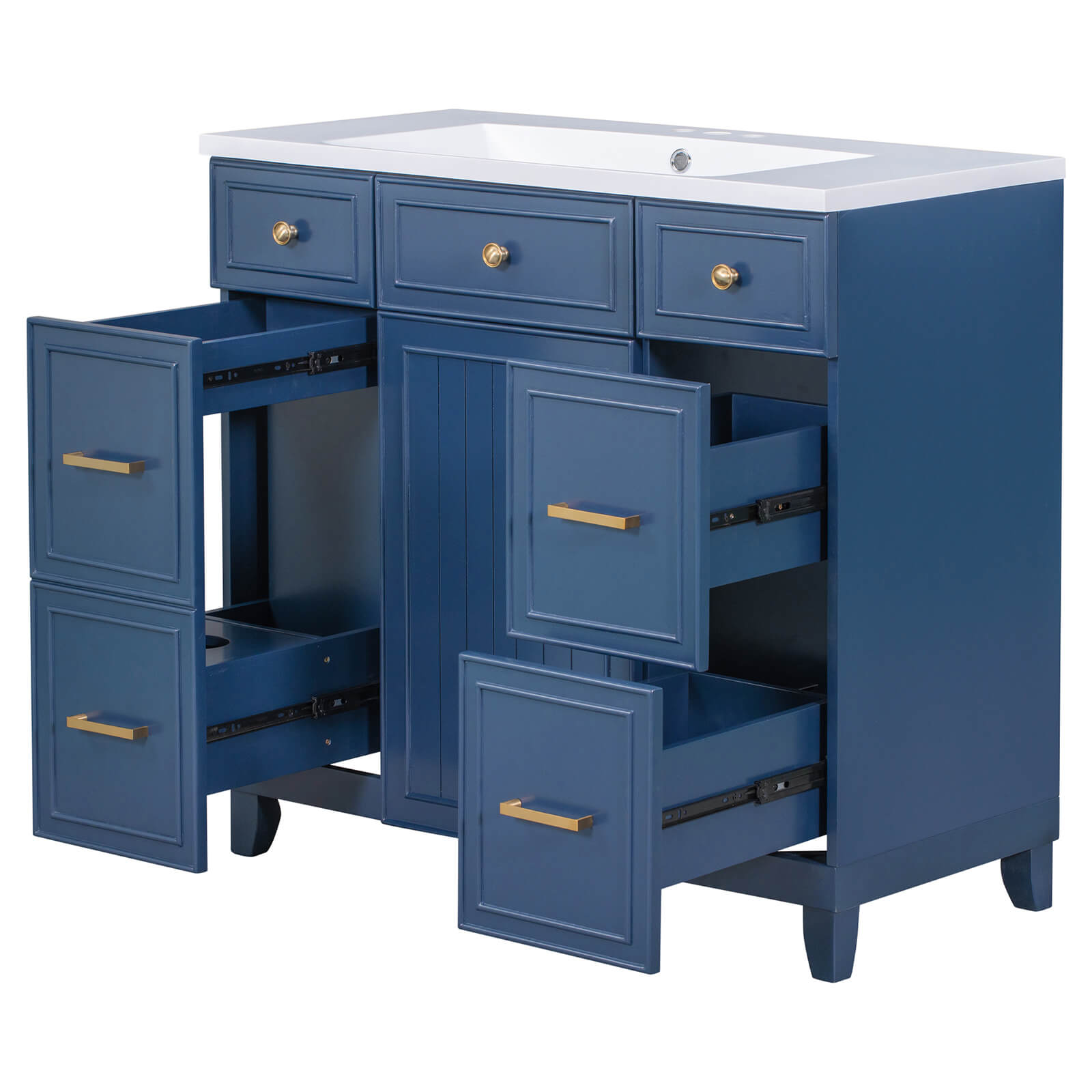 Trendy blue bathroom vanity with soft close doors and water resistant paint