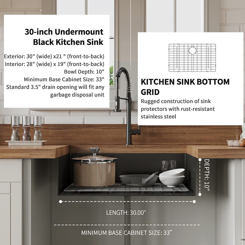 30&quot; x 21&quot; Undermount Kitchen Sink 16 Gauge Stainless Steel Single Bowl with Bottom Grid, Roll-up Rack, Drainer