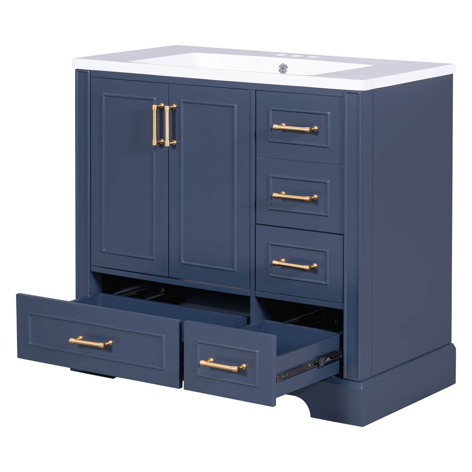 Undermount resin sink on blue vanity cabinet