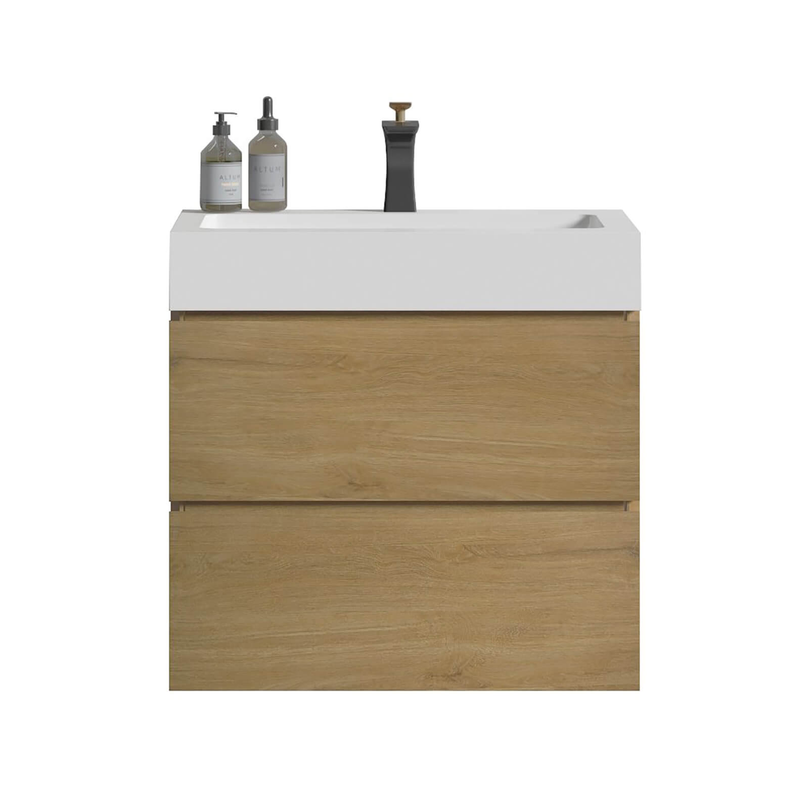 Warm oak finish vanity with solid surface sink for contemporary bathrooms