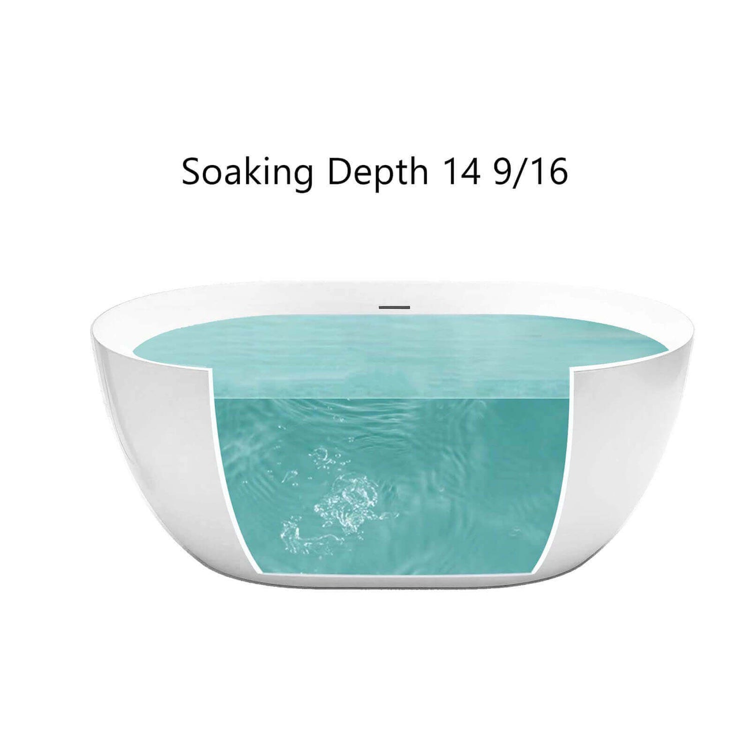 Water capacity diagram for a large 67 inch oval acrylic soaking tub