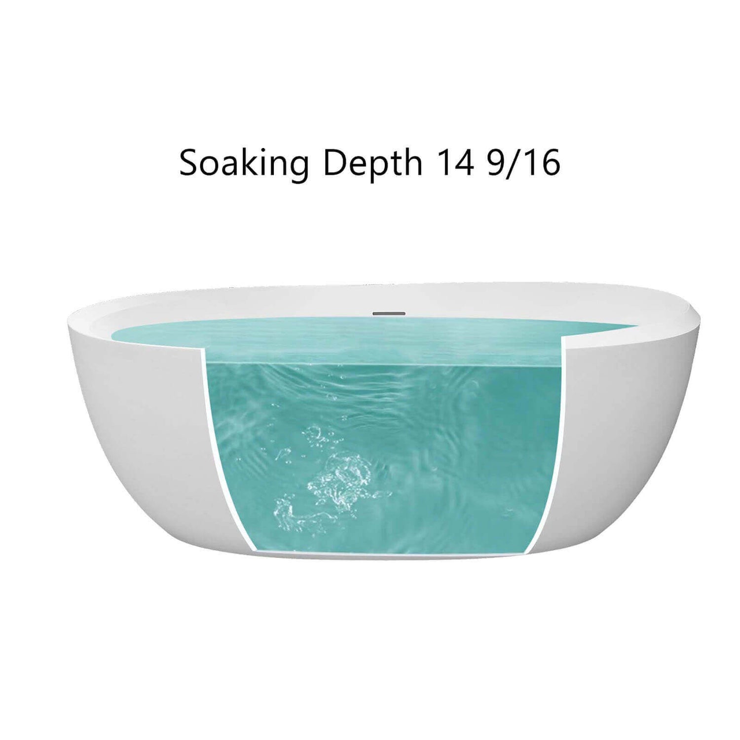 Water capacity diagram of 59 inch oval white thick rim acrylic bathtub