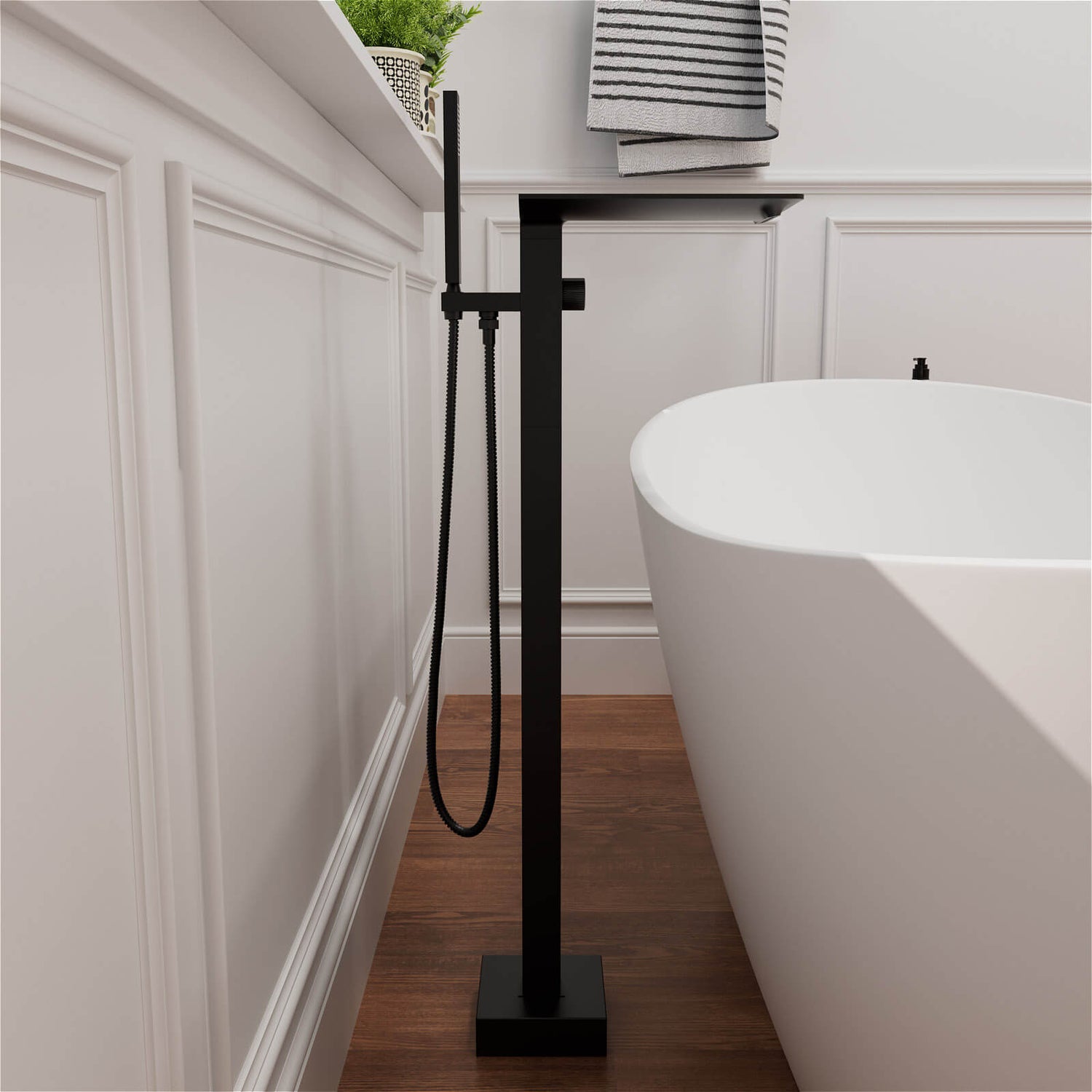 Waterfall Freestanding Bathtub Faucet 360° Swivel Floor Mount Tub Filler with Handheld Sprayer