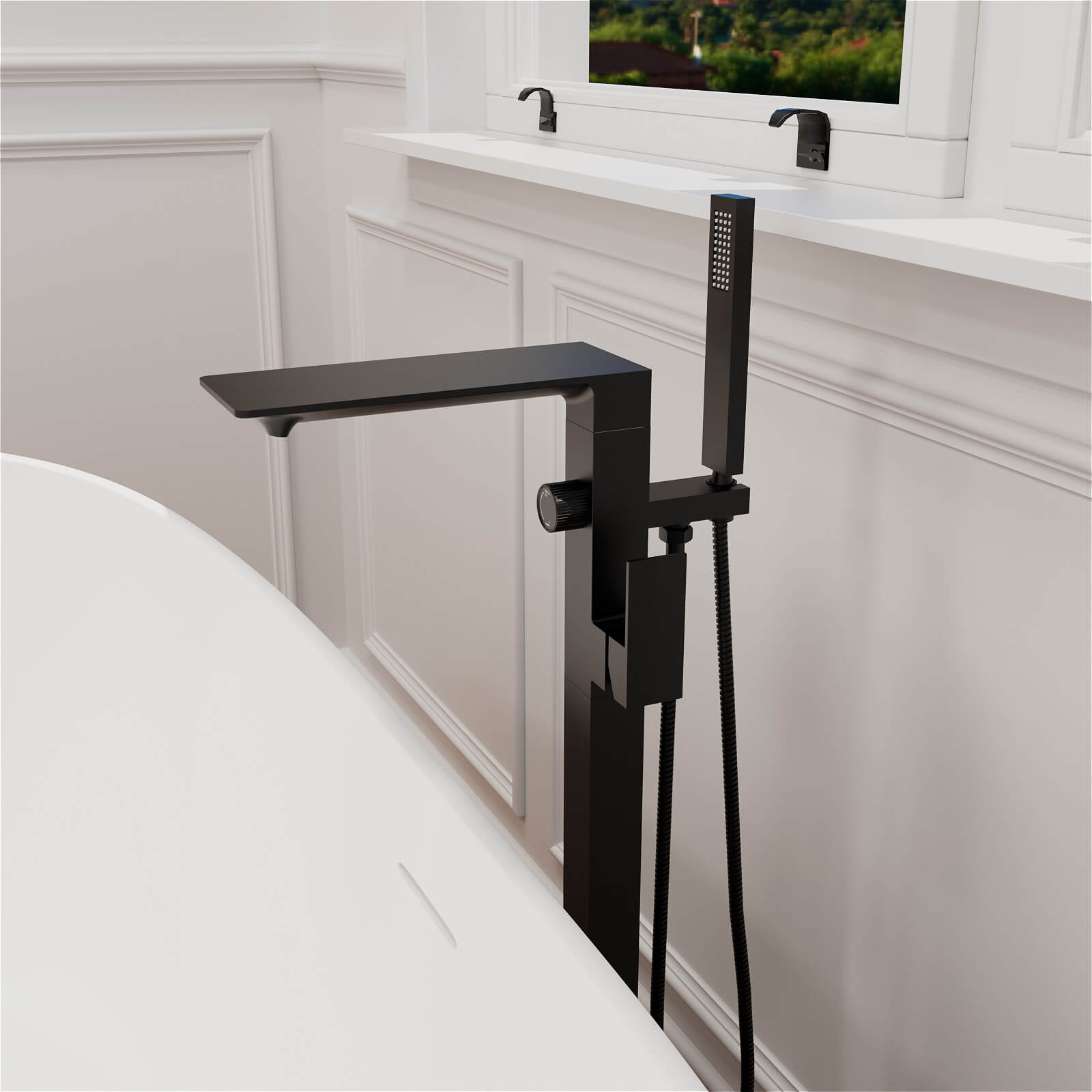 Waterfall Freestanding Bathtub Faucet 360° Swivel Floor Mount Tub Filler with Handheld Sprayer