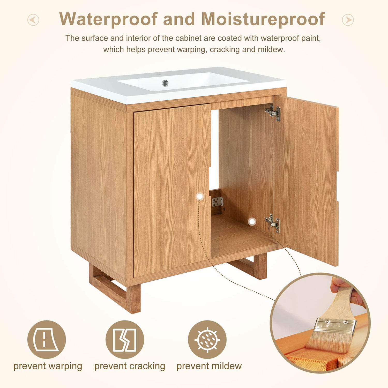 Waterproof protection feature of 30 in Minimalist Burlywood Bathroom Vanity