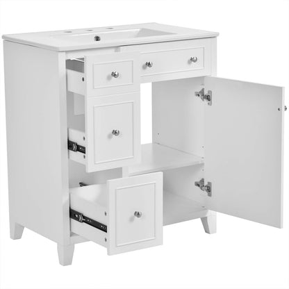 White 30 inch bathroom vanity with double tiered drawer for toiletries