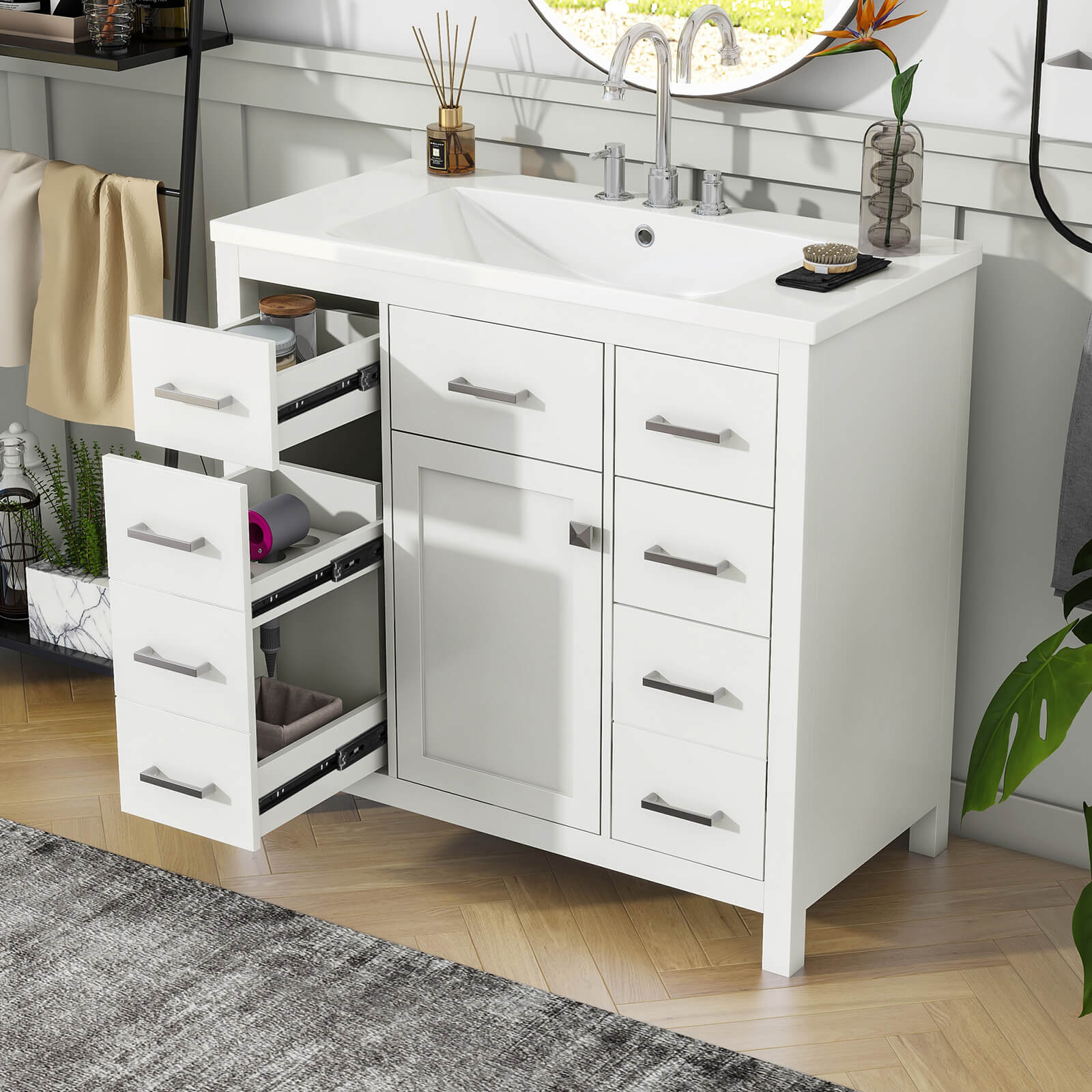 White bathroom vanity with high end waterproof and anti rust materials