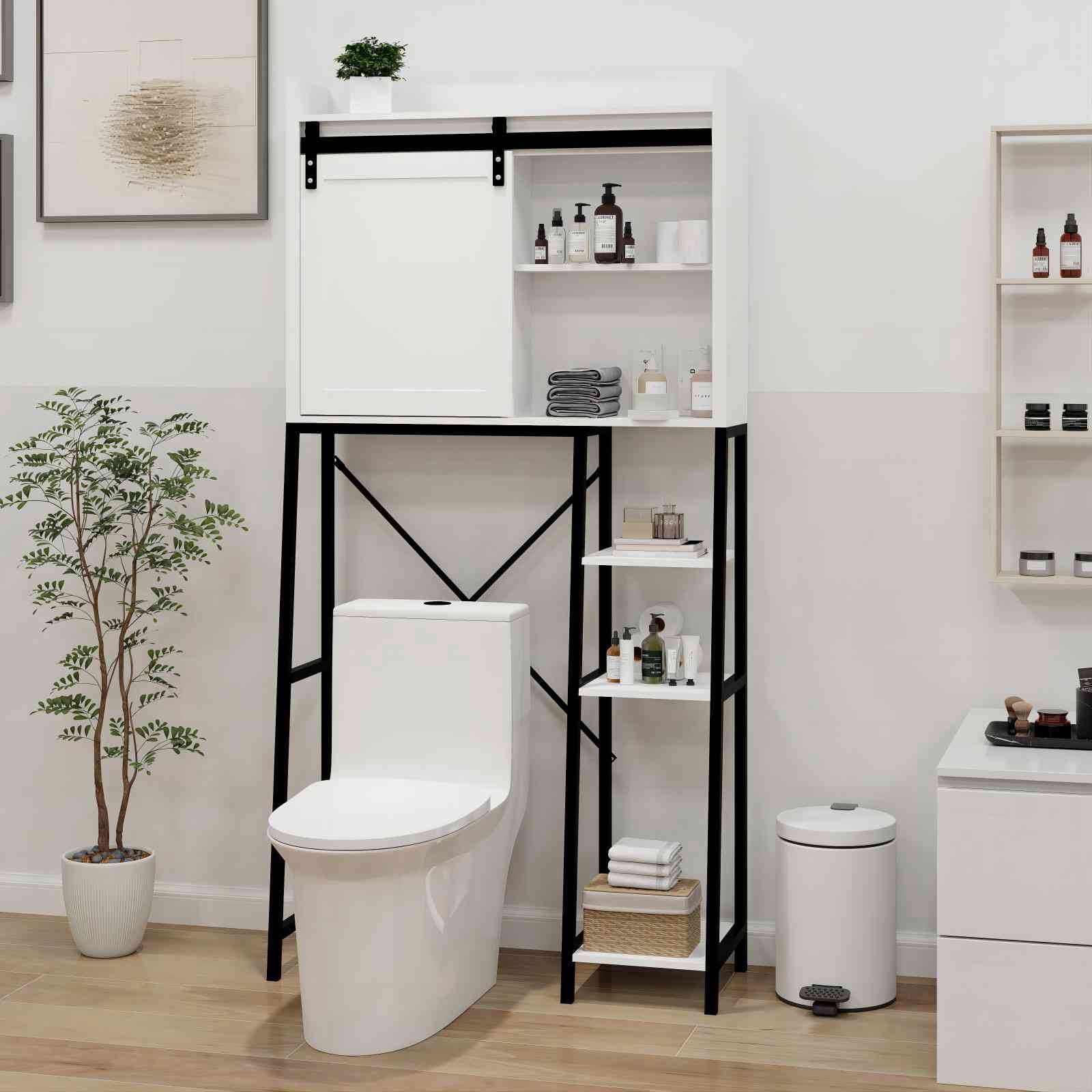 White Bathroom Over Toilet Storage with Sliding Barn Door, Adjustable Shelves, Side Rack