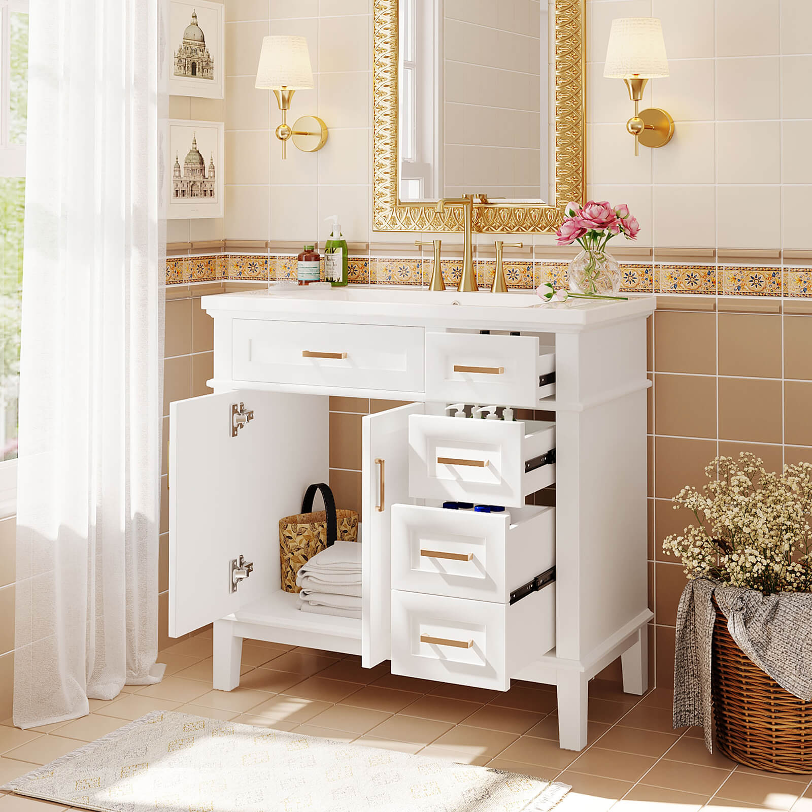 White bathroom vanity with enhanced user-friendly design