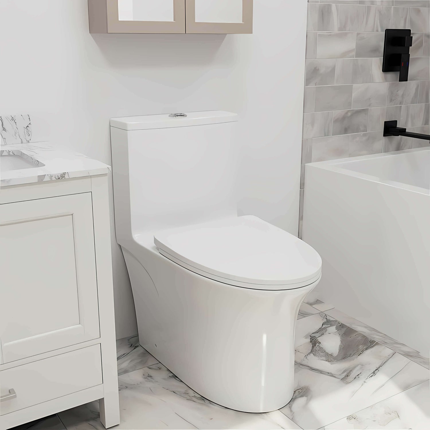 White dual flush toilet with high seat