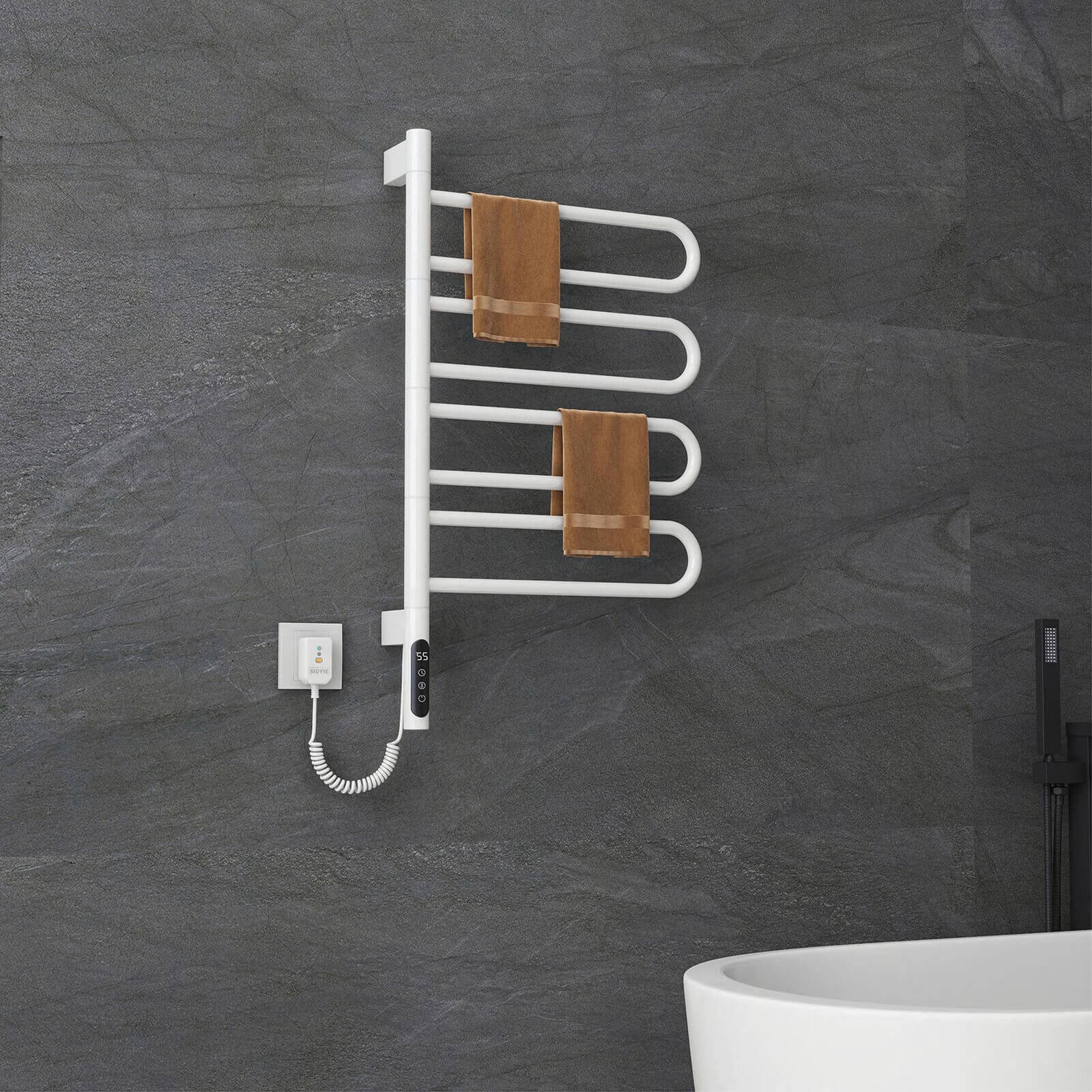 White towel warmer with customizable temperature settings