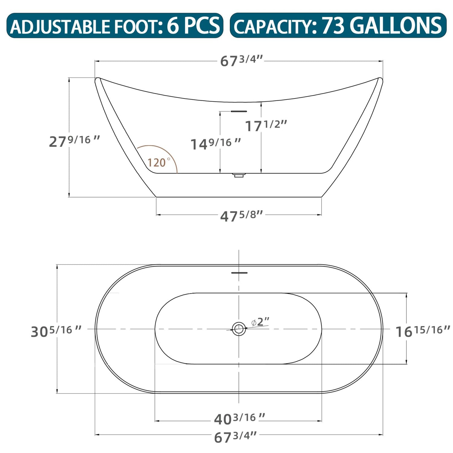 Dimensional outline drawing of 68&quot; double slipper acrylic soaking tub