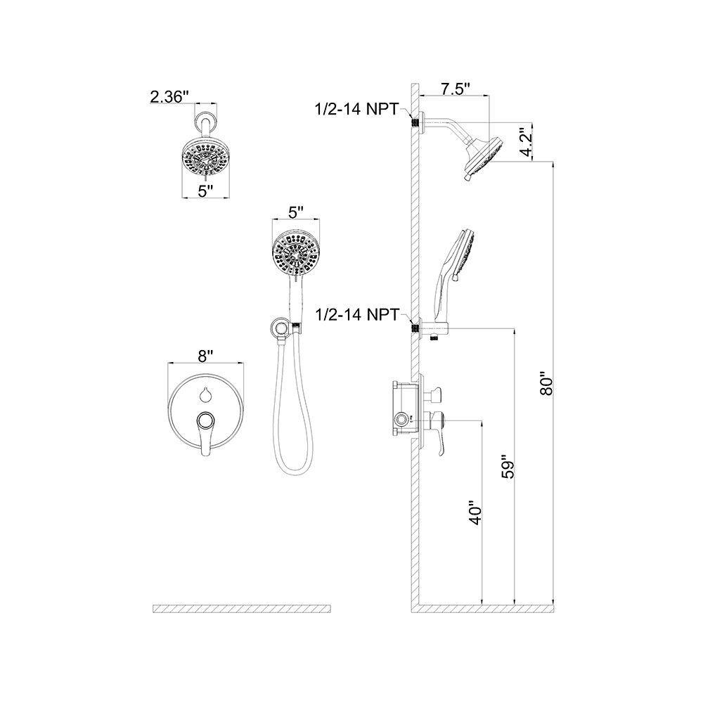 Wall Mounted 14 Spray High Pressure Shower Head and Hand Shower