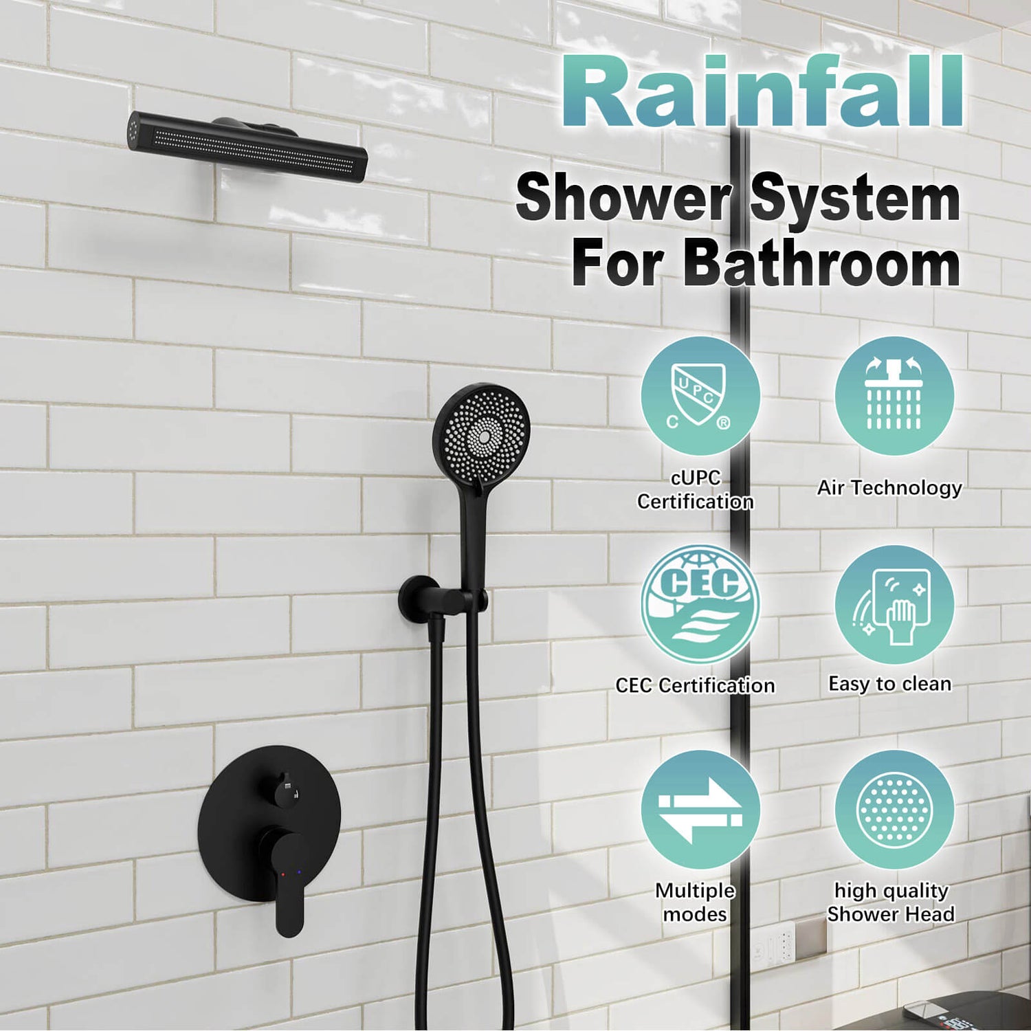 8&quot; Shower Systems with Adjustable 3-Spray Cylindrical Shower Head And 6-Spray Handheld, Wall Mount