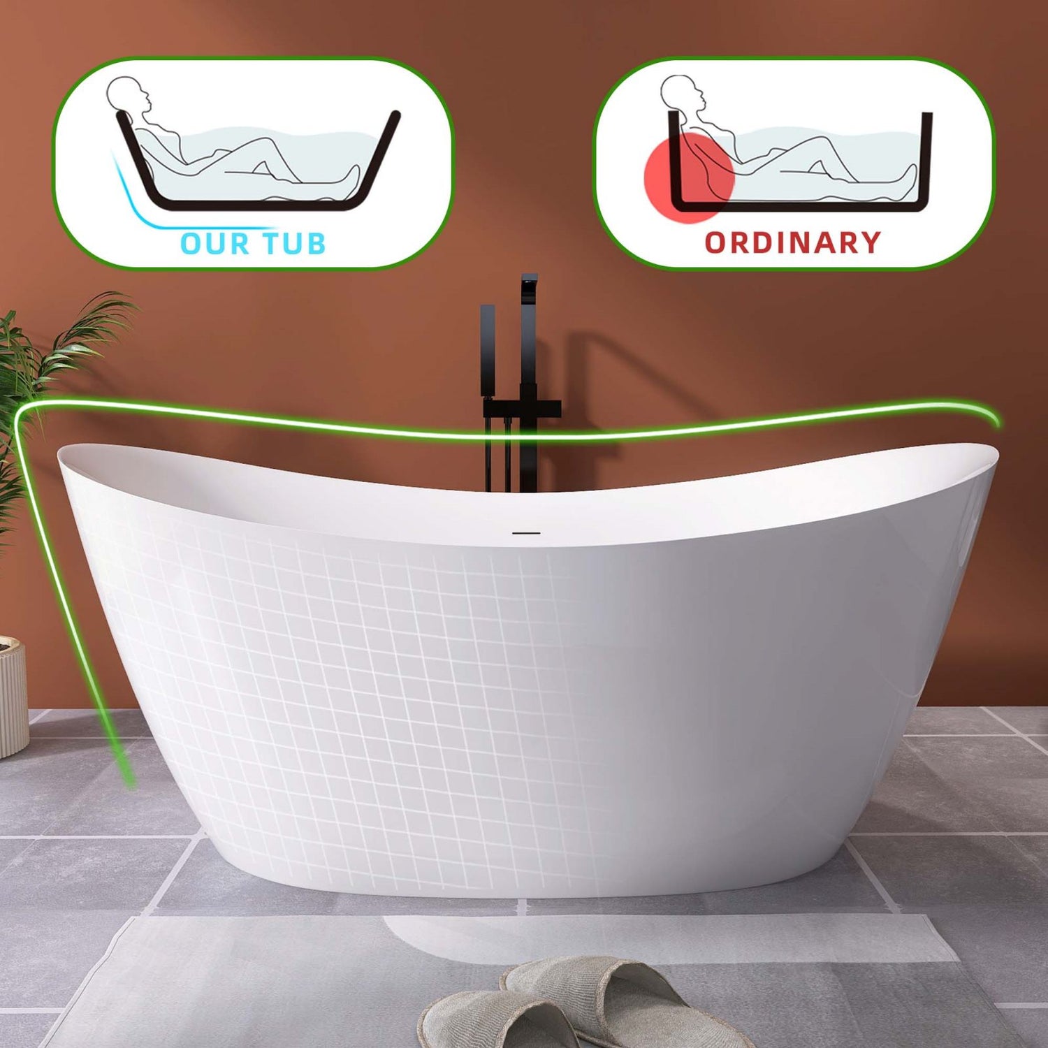 66&quot; Insulated Double Slipper Freestanding Tub Side-lying Design Details