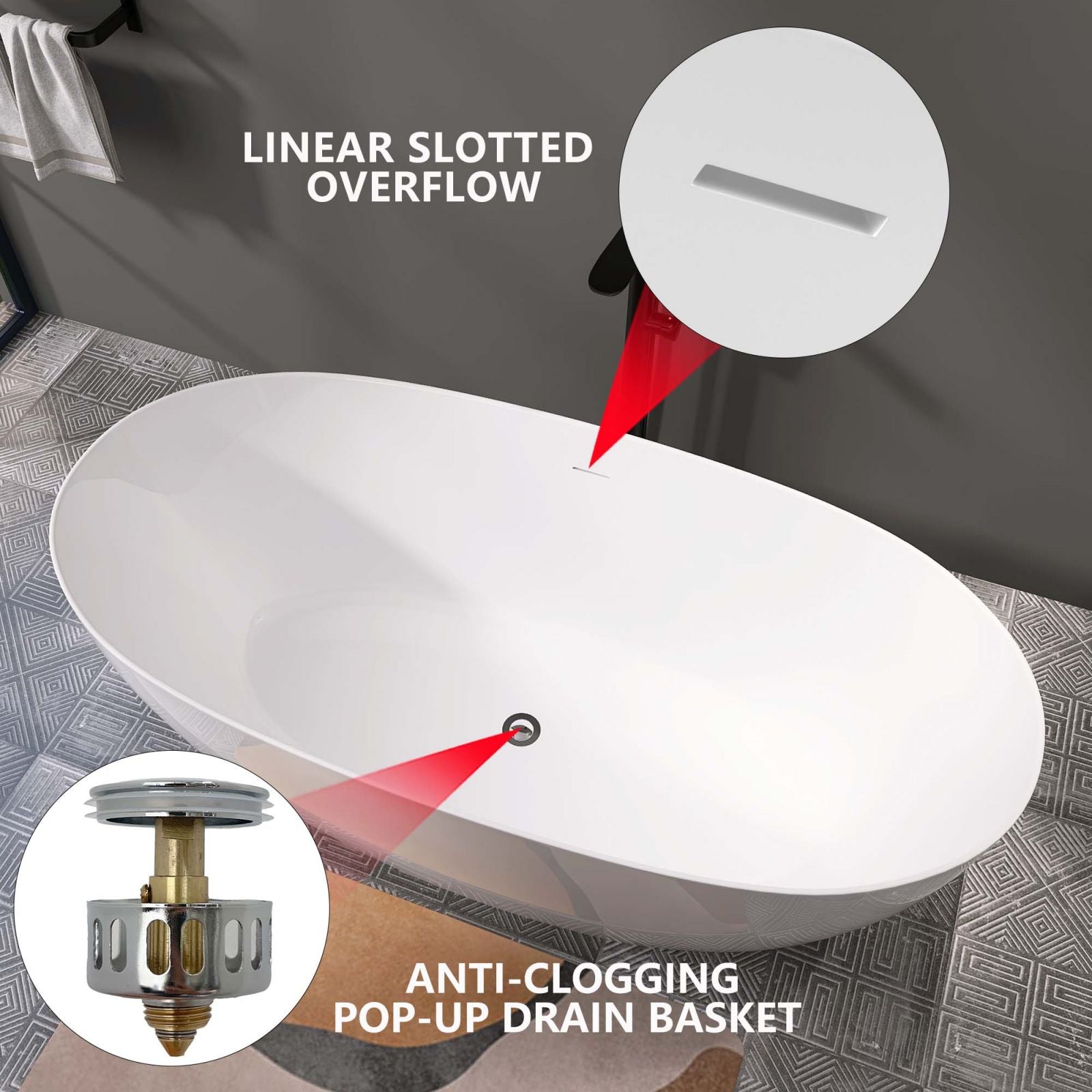 Overflow and spout design for 67&quot; glossy white oval acrylic freestanding bathtub